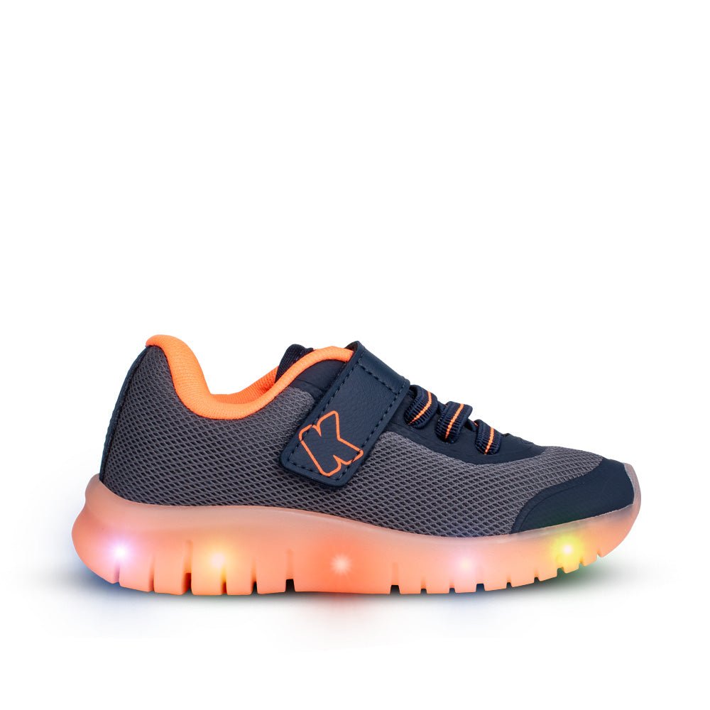Tênis Infantil Menino Kidy Light Fun Marinho Grafite e Laranja Neon Pisca - Pisca e Velcro - Kidy Calçados - 