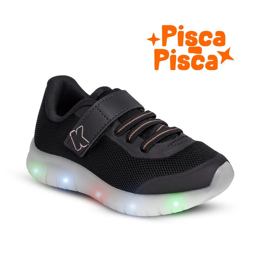 Tênis Infantil Menino Kidy Light Fun Preto e Bronze Pisca - Pisca e Velcro - Kidy Calçados - 