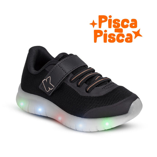 Tênis Infantil Menino Kidy Light Fun Preto e Bronze Pisca - Pisca e Velcro - Kidy Calçados - 