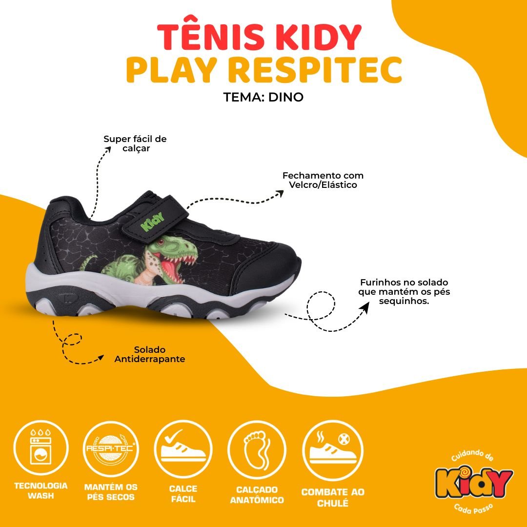 Tênis Infantil Menino Kidy Play Preto Dino Anatômico Com Brinquedo - Kidy Calçados -