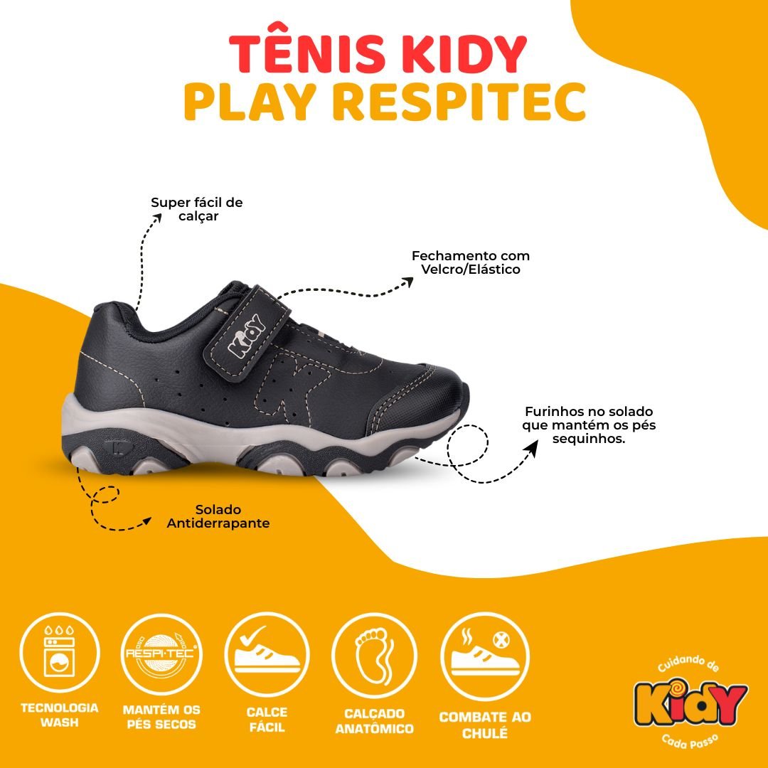 TENIS KIDY PLAY RESPITEC PRETO/BEGE - Kidy Calçados -