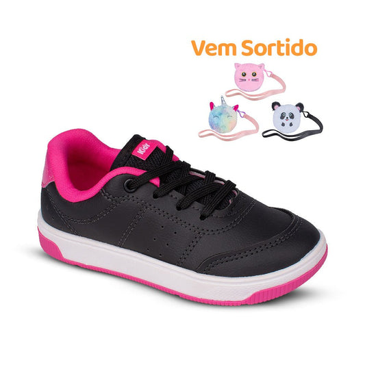 Tênis Menina Infantil Kidy Astral Preto e Pink com Porta Objetos de Pelúcia - Kidy Calçados - Tênis